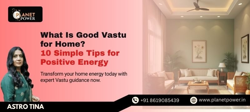 A promotional banner for Planet Power titled "What Is Good Vastu for Home?" featuring a portrait of Astro Tina and a modern, sunlit living room with neutral-toned furniture and indoor plants.